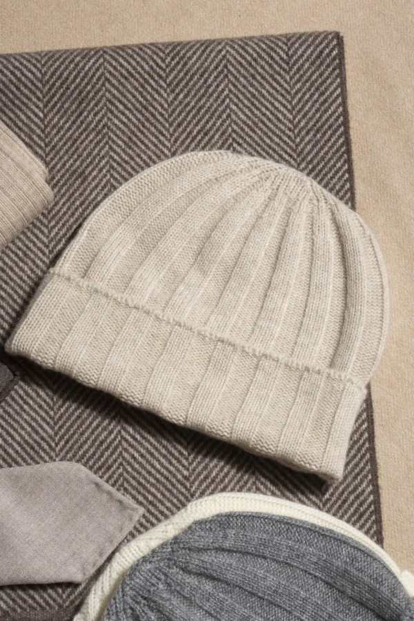 Beige Cashmere rib knit beanie - Made in Italy