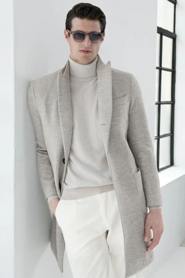 Beige herringbone peak lapel coat – Made in Italy
