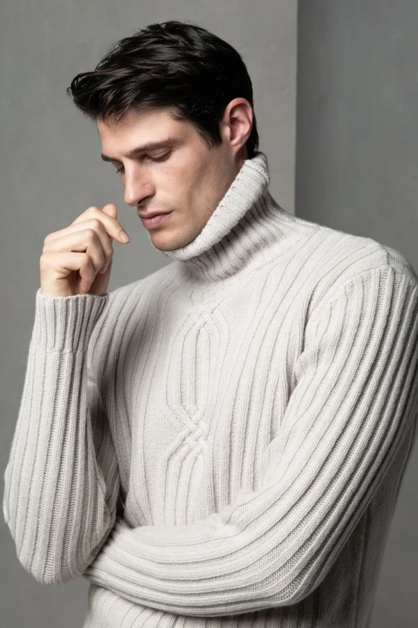 Beige jacquard patterned wool & cashmere turtleneck – Made in Italy