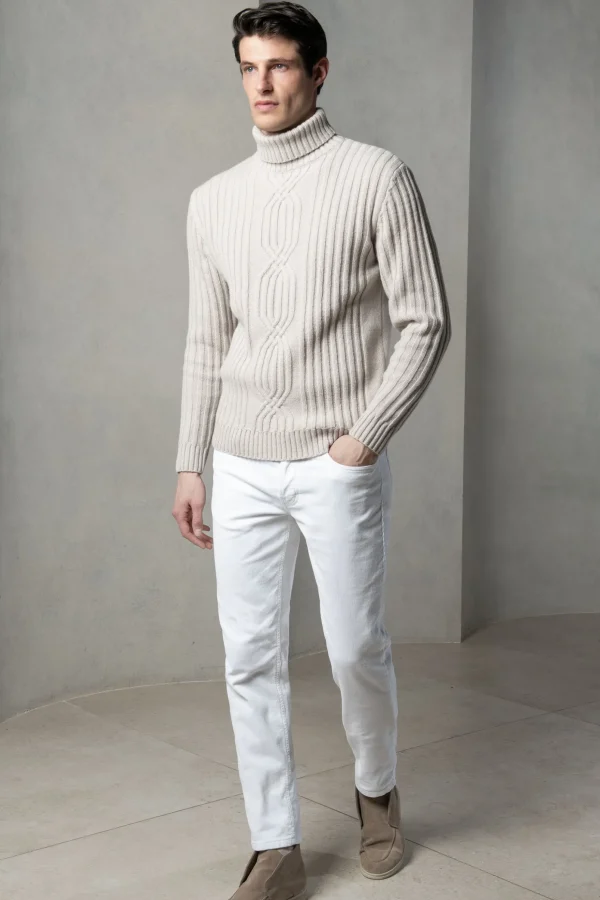 Beige jacquard patterned wool & cashmere turtleneck – Made in Italy