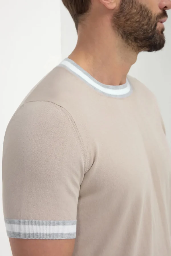 Beige striped collar detail knitted t-shirt - Made in Italy