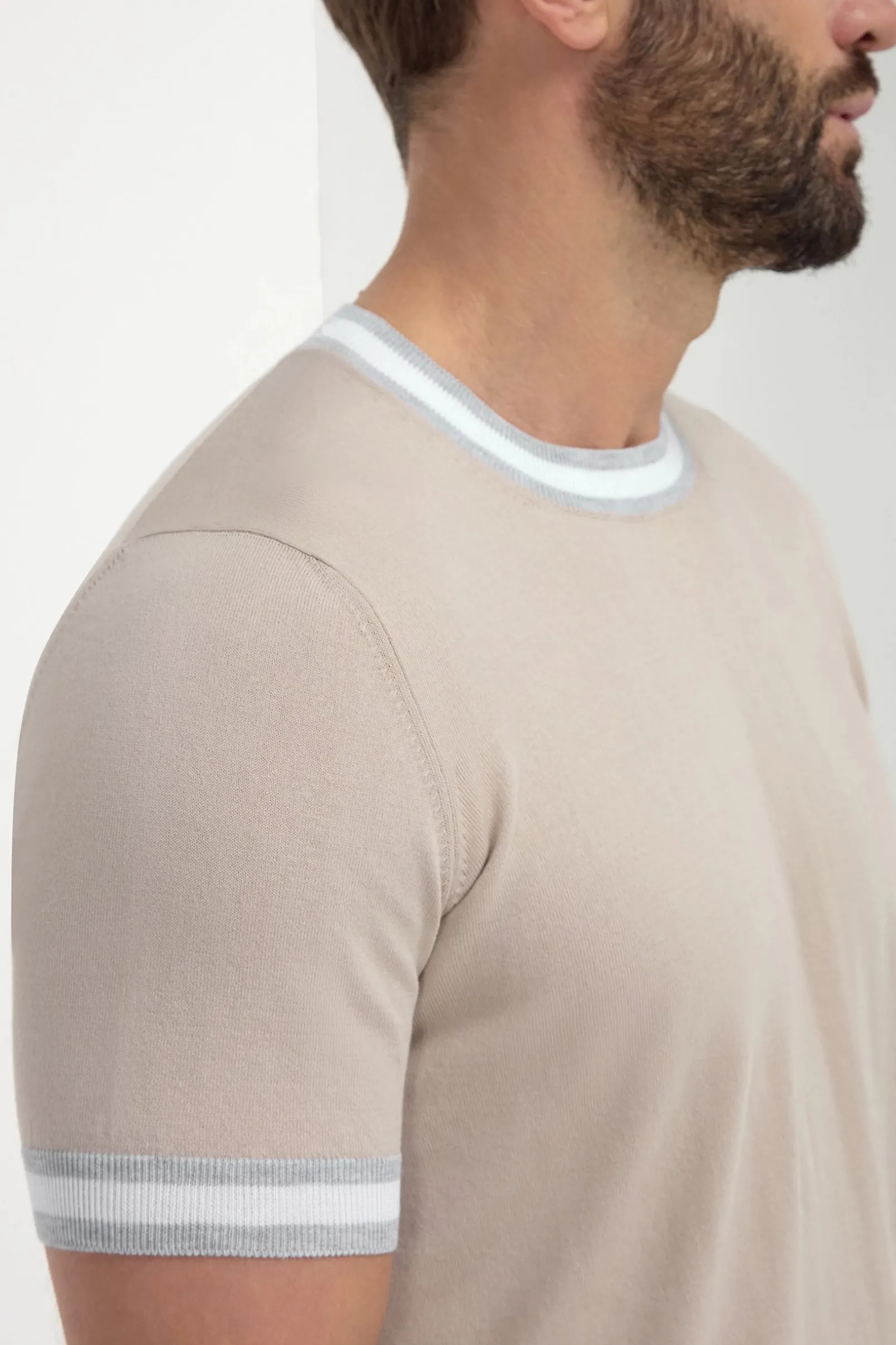 beige_striped_collar_deta_1.webp Beige striped collar detail knitted t-shirt - Made in Italy