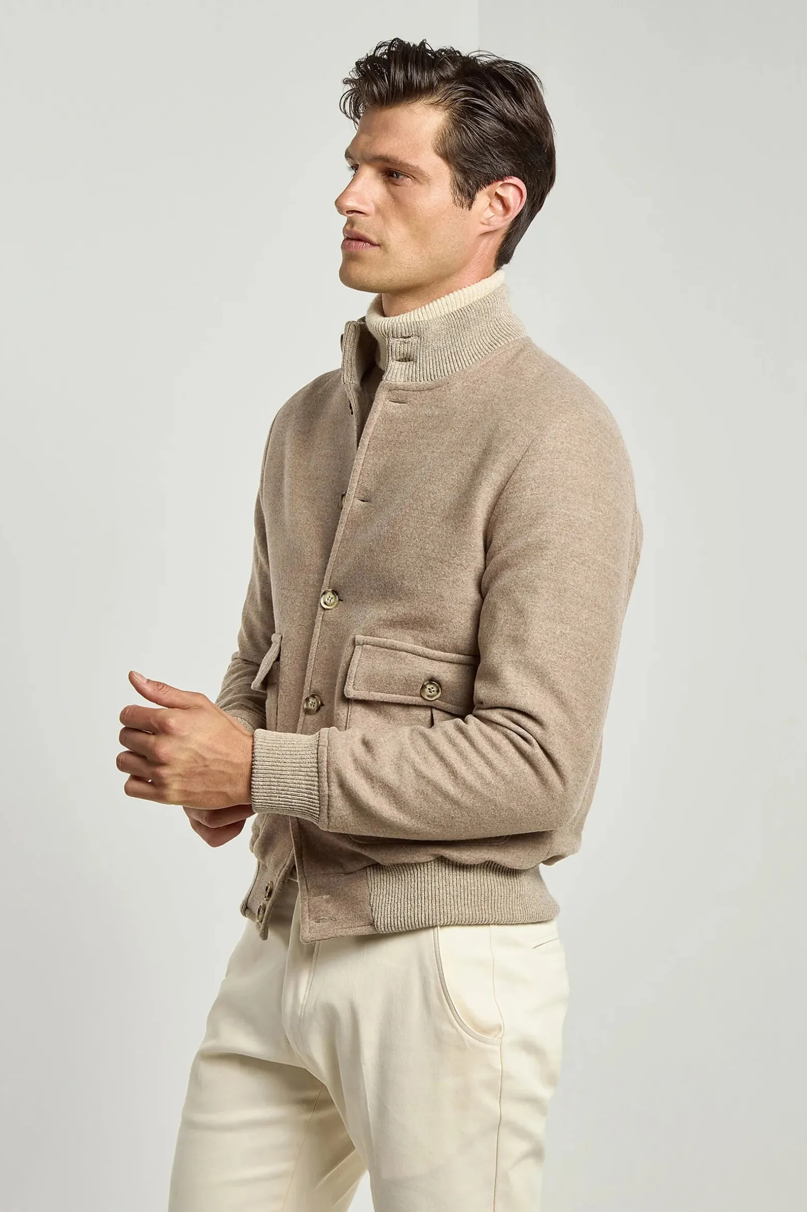 beige_super_s_wool_flanne_0.webp Beige Super 180's wool flannel bomber jacket – Made in Italy
