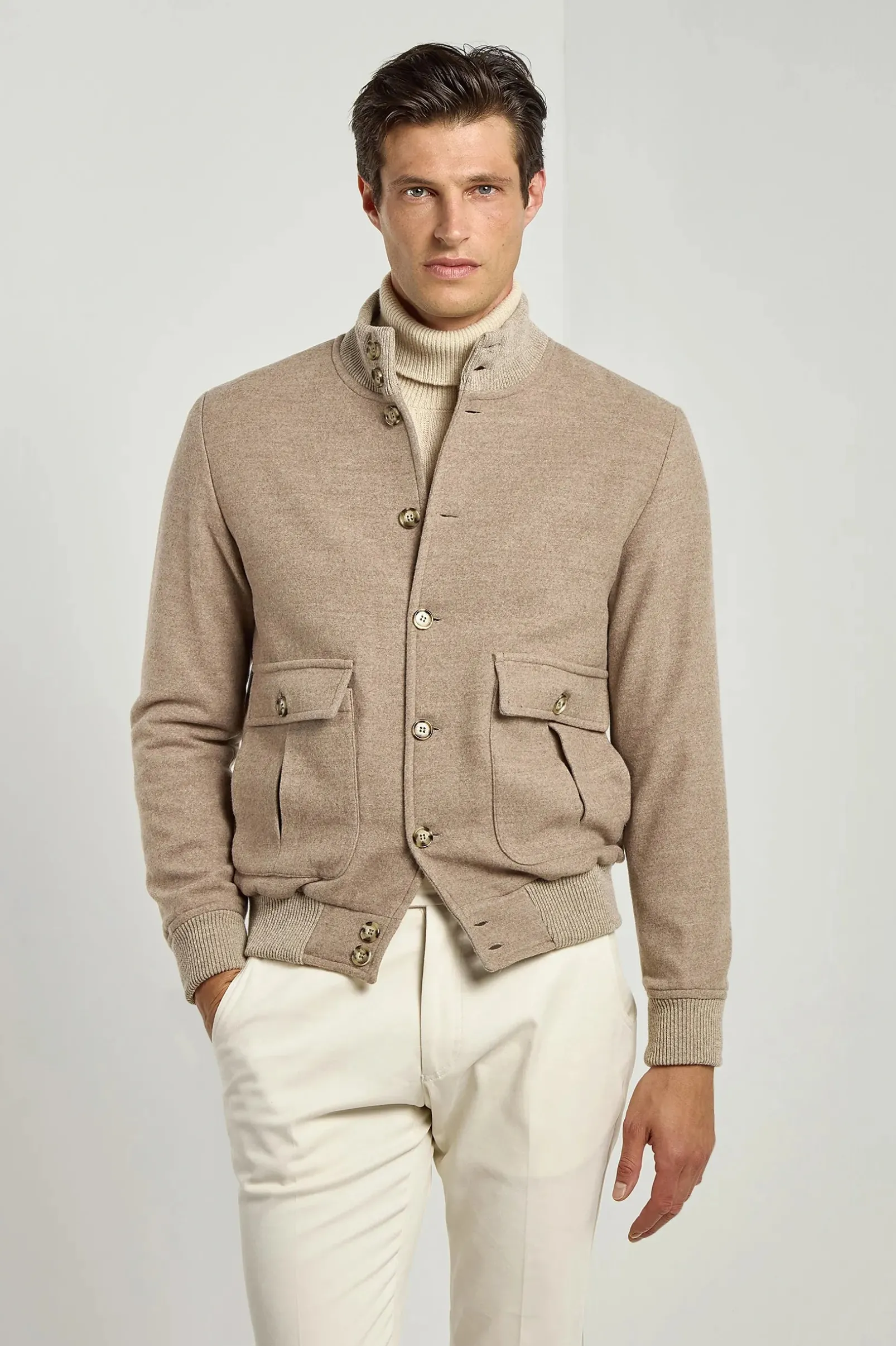 beige_super_s_wool_flanne_3.webp Beige Super 180's wool flannel bomber jacket – Made in Italy