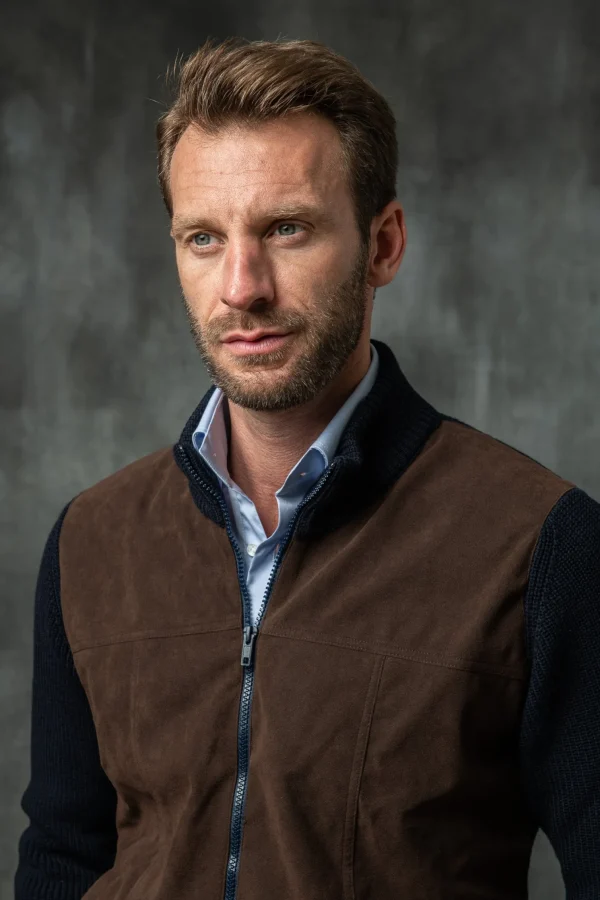 Blue and brown cardigan - Alcantara & wool - Made in Italy