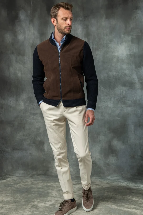 Blue and brown cardigan - Alcantara & wool - Made in Italy