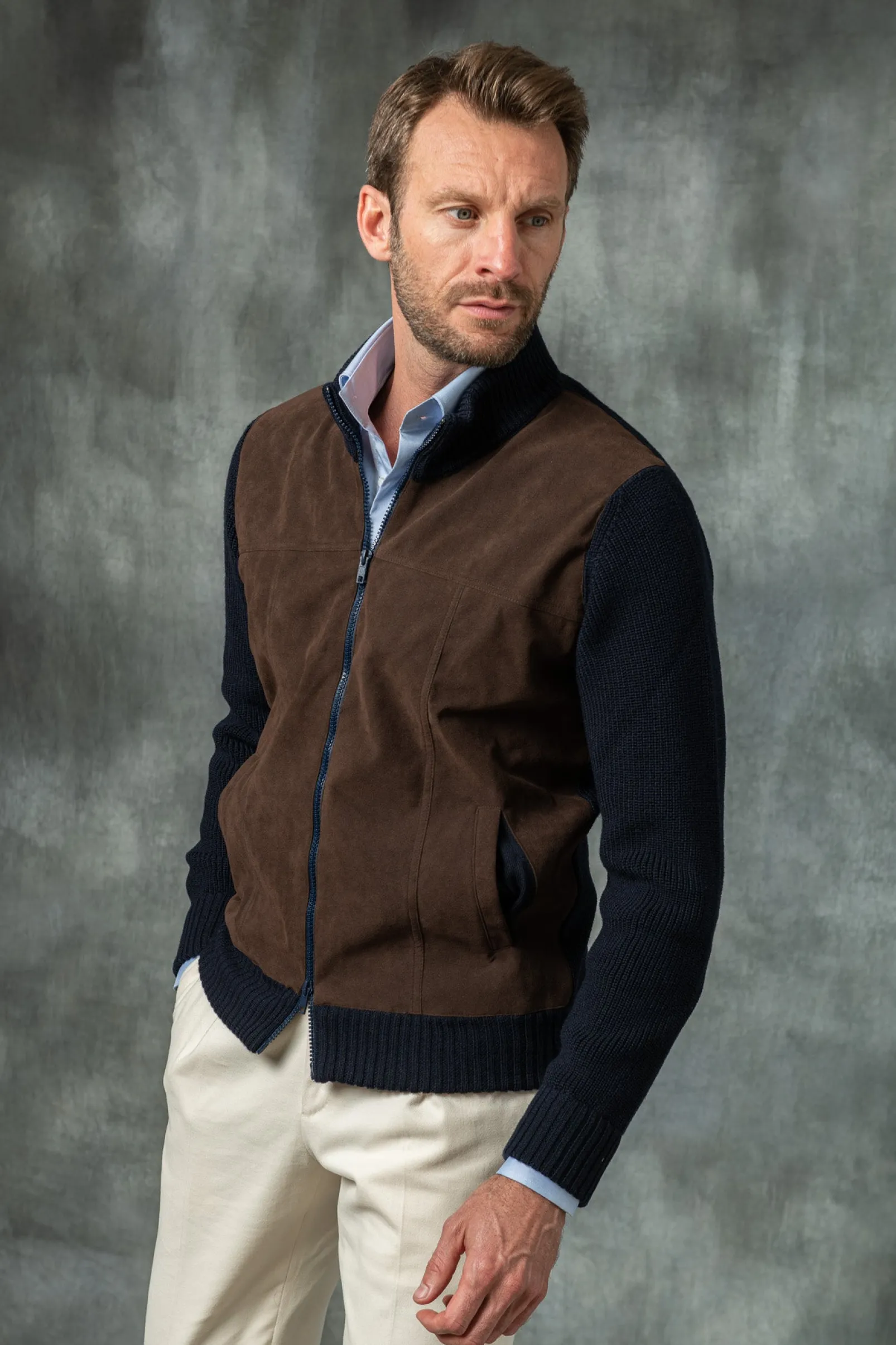 blue_and_brown_cardigan___2.webp Blue and brown cardigan - Alcantara & wool - Made in Italy