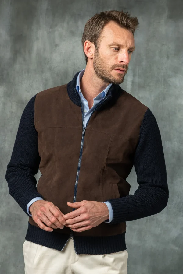 Blue and brown cardigan - Alcantara & wool - Made in Italy