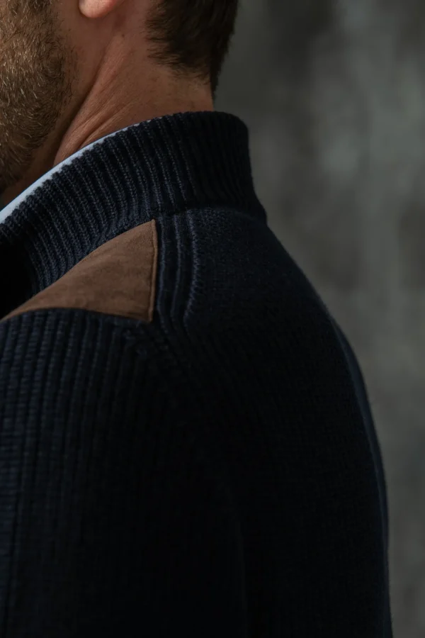 Blue and brown cardigan - Alcantara & wool - Made in Italy
