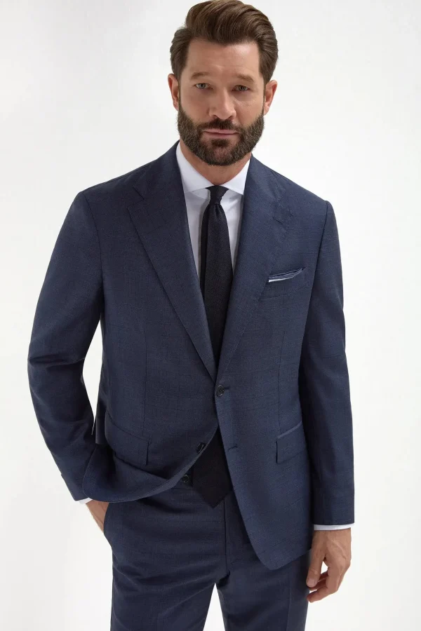Blue Avio Prince of Wales Full Canvas suit - Made in Italy