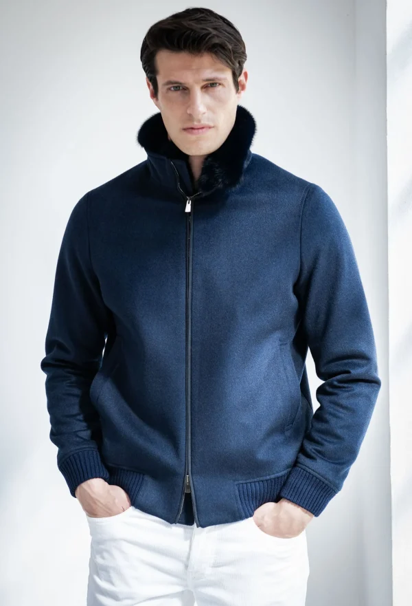 Blue bomber with removable mink collar – Made in Italy
