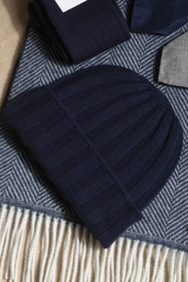 Blue Cashmere rib knit beanie - Made in Italy