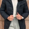 Blue down coat with removable shearling collar – Made in Italy