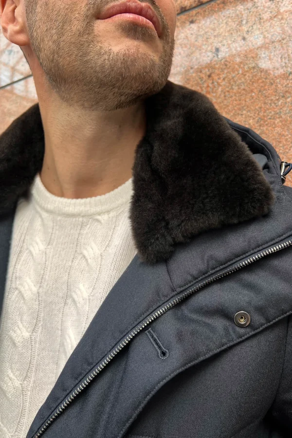 Blue down coat with removable shearling collar – Made in Italy