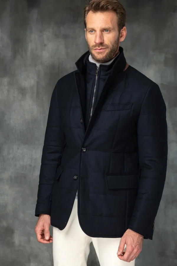 Blue down jacket in wool & cashmere – Made in Italy