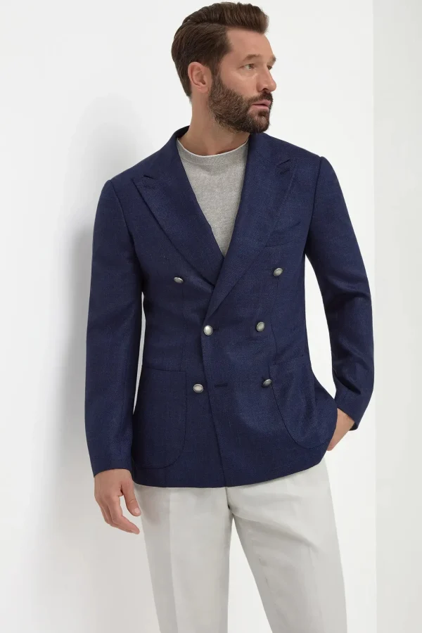 Blue herringbone double breasted jacket - Made in Italy