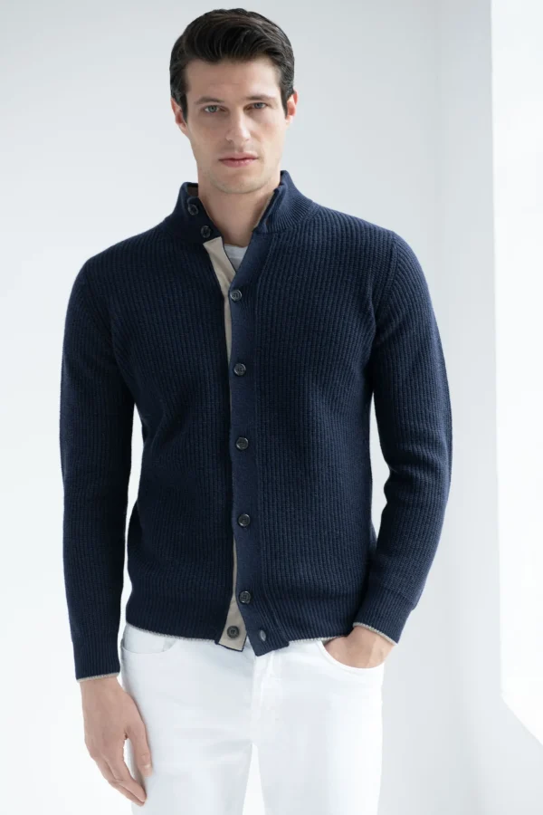 Blue ribbed cashmere blend cardigan – Made in Italy