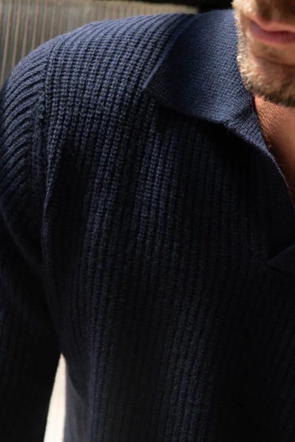Blue ribbed cashmere blend polo – Made in Italy