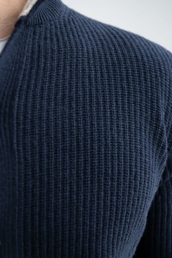 Blue ribbed cashmere blend cardigan – Made in Italy