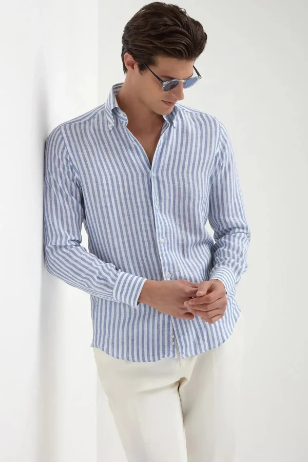 Blue striped linen button down shirt - Made in Italy