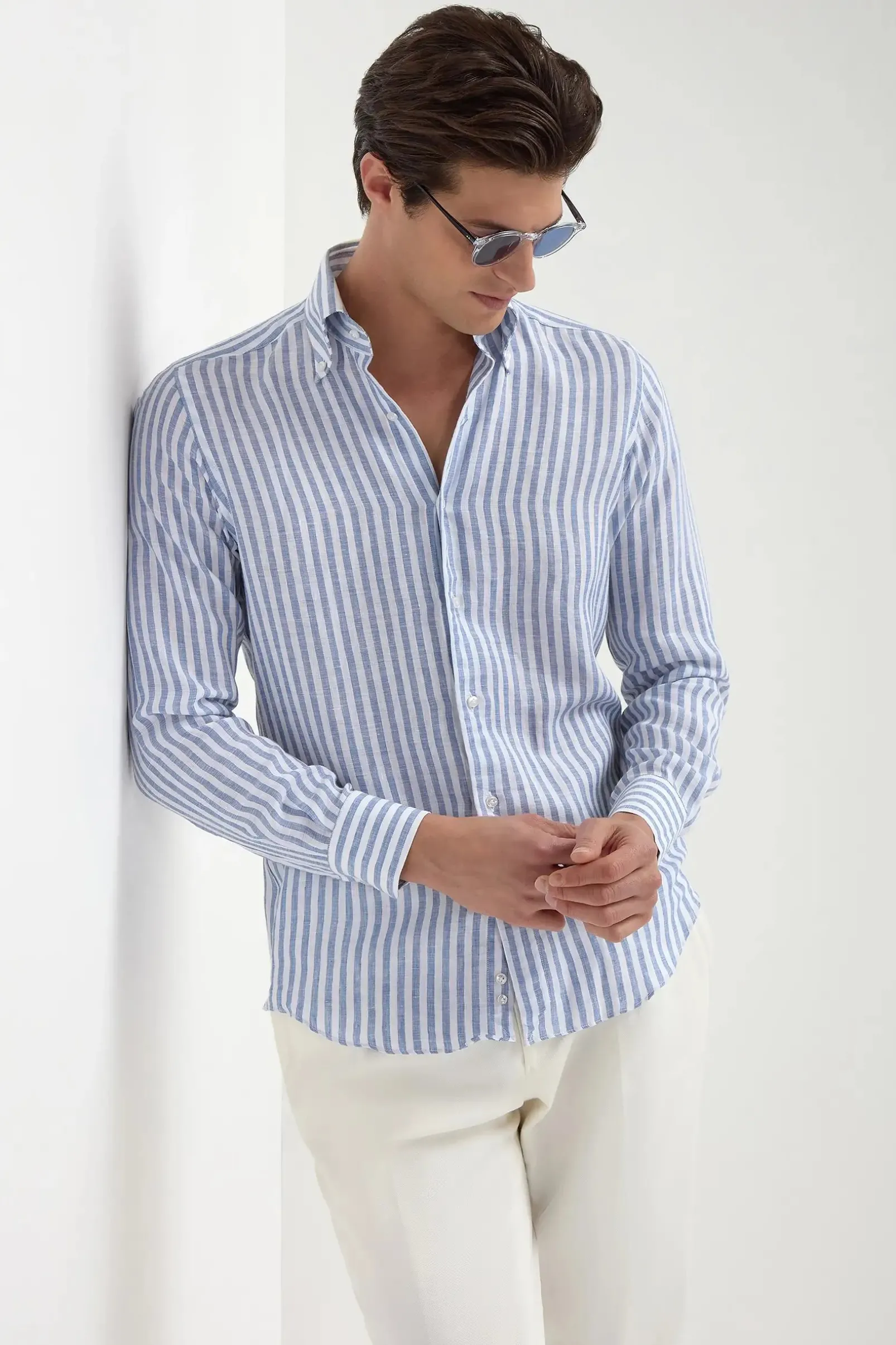 blue_striped_linen_button_0.webp Blue striped linen button down shirt - Made in Italy