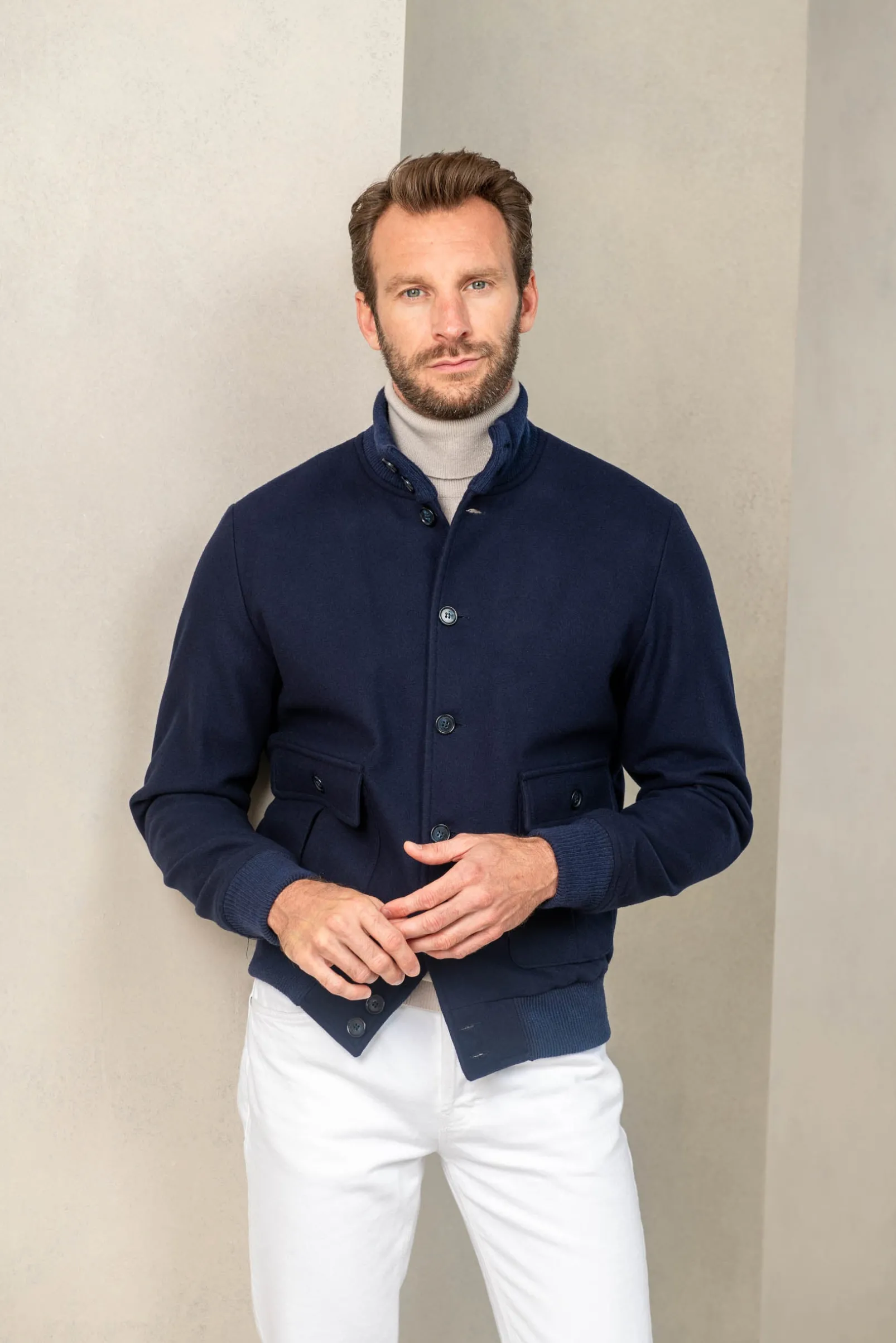 blue_super_s_wool_flannel_0.webp Blue Super 180's wool flannel bomber jacket – Made in Italy
