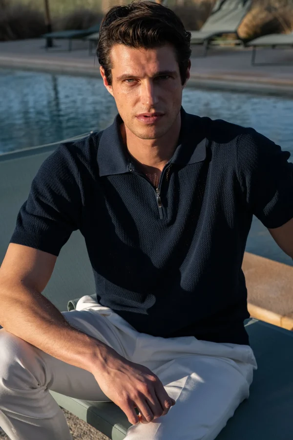 Blue textured knit polo with zip - Made in Italy