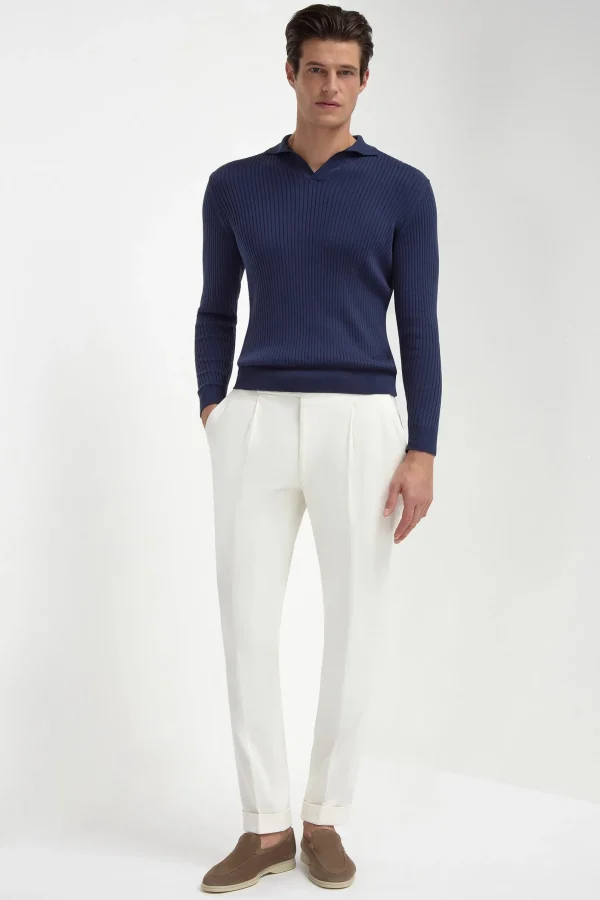 Blue thin rib long sleeve polo - Made in Italy