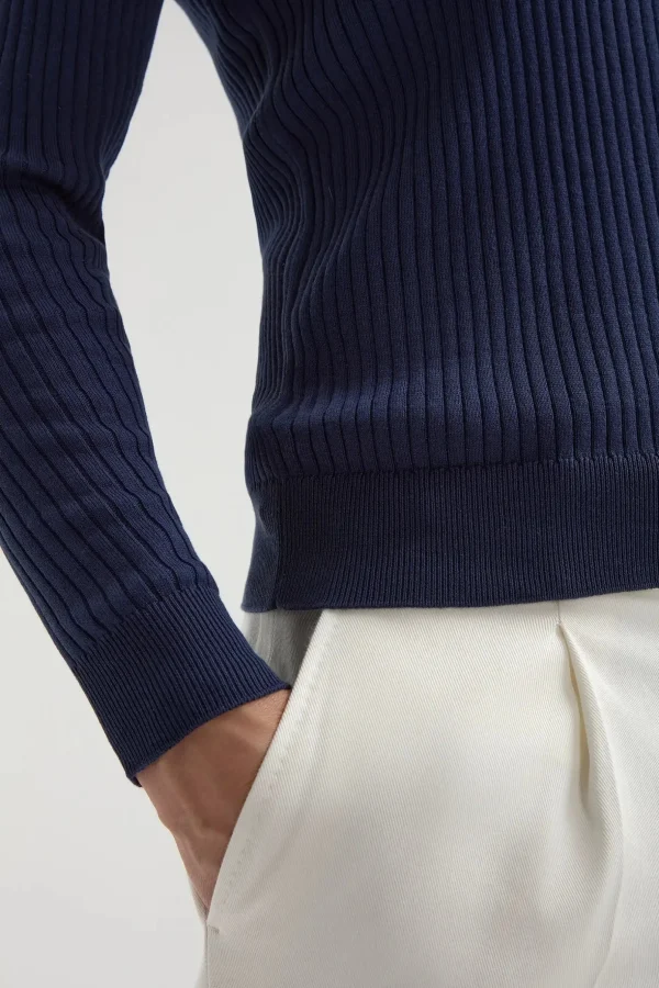 Blue thin rib long sleeve polo - Made in Italy