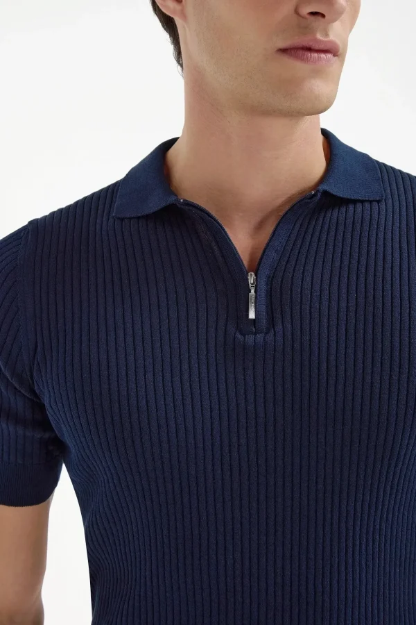 Blue thin rib zipped polo - Made in Italy
