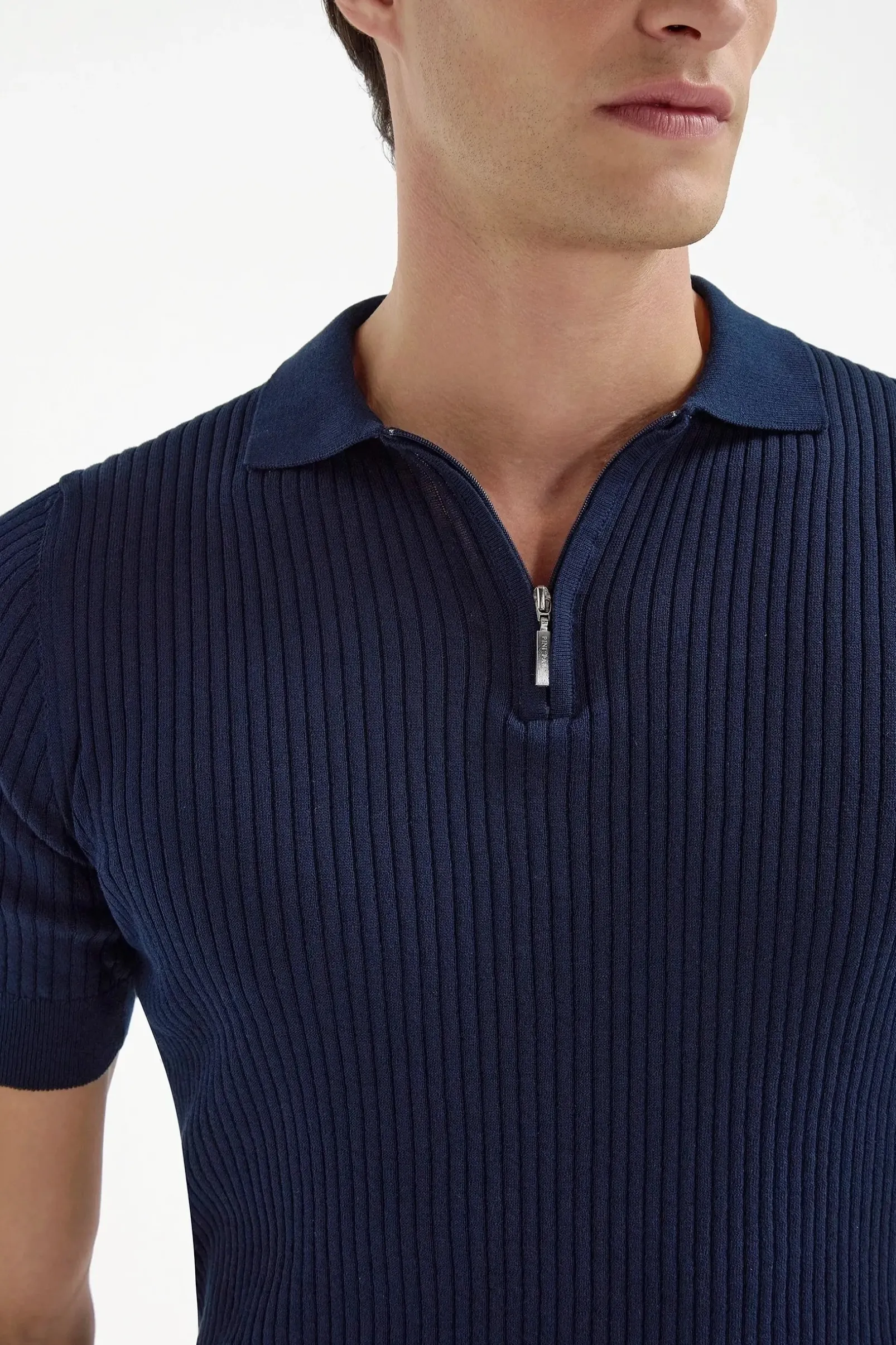 blue_thin_rib_zipped_polo_1.webp Blue thin rib zipped polo - Made in Italy