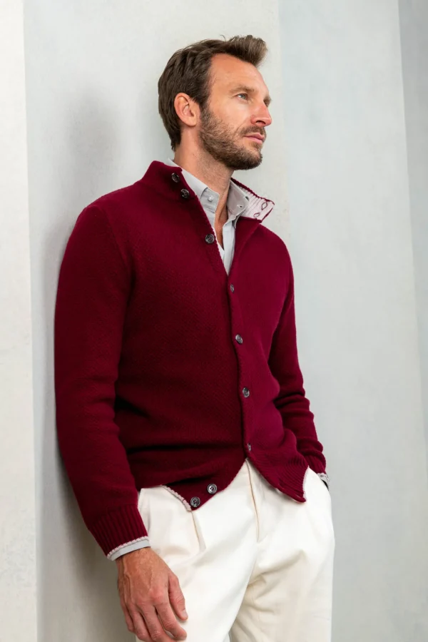 Bordeaux textured cashmere blend cardigan – Made in Italy