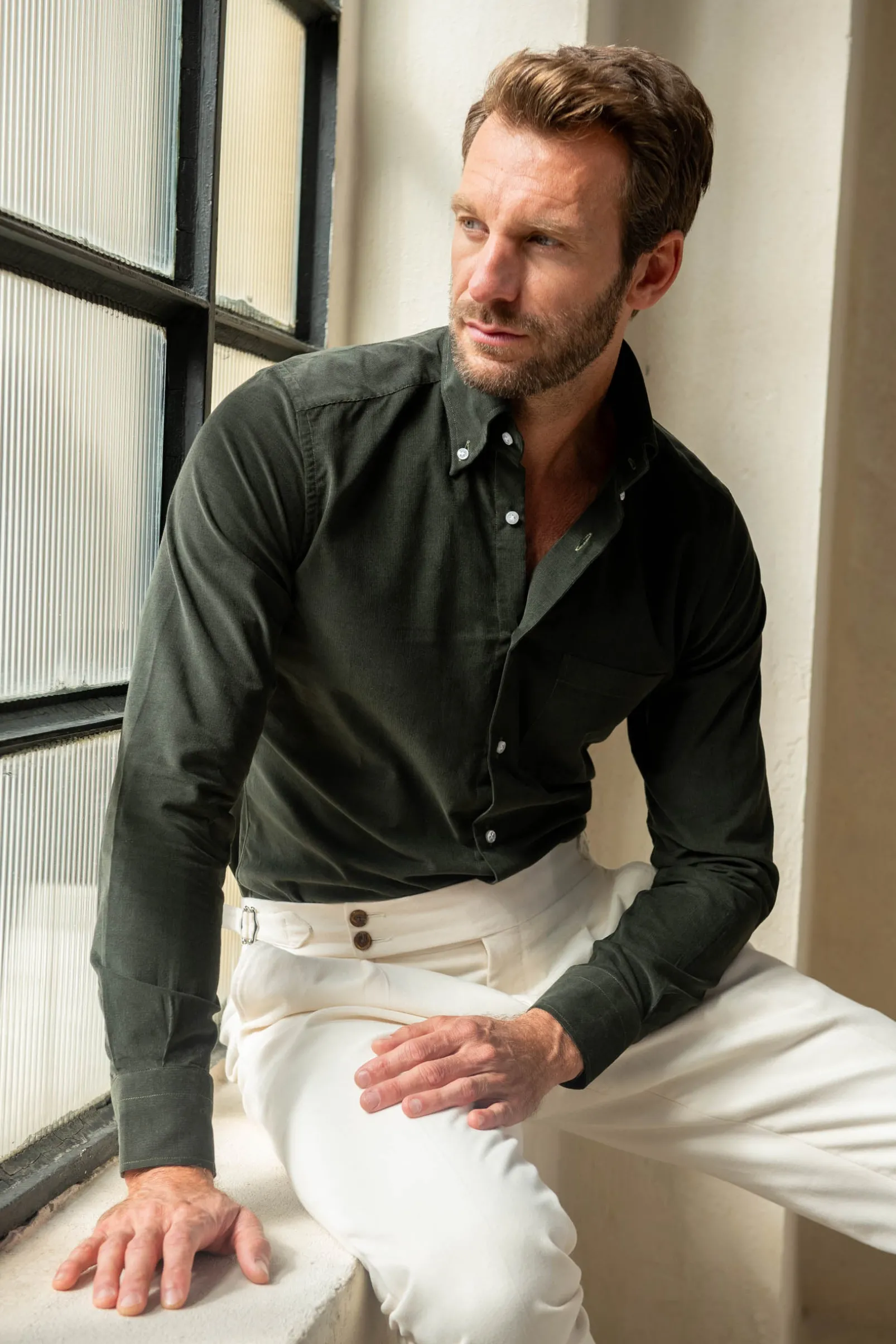 green_button_down_velvet__2.webp Green button down velvet effect shirt - Made in Italy