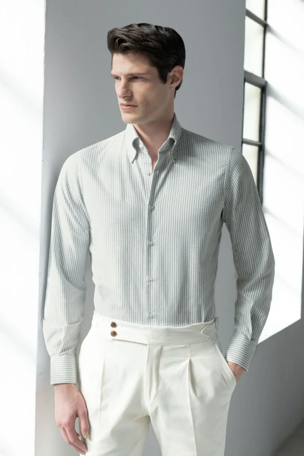 Green striped soft oxford button down shirt - Made In Italy