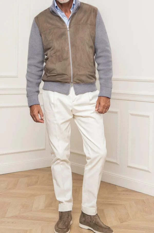 Grey and taupe cardigan - Alcantara & wool - Made in Italy