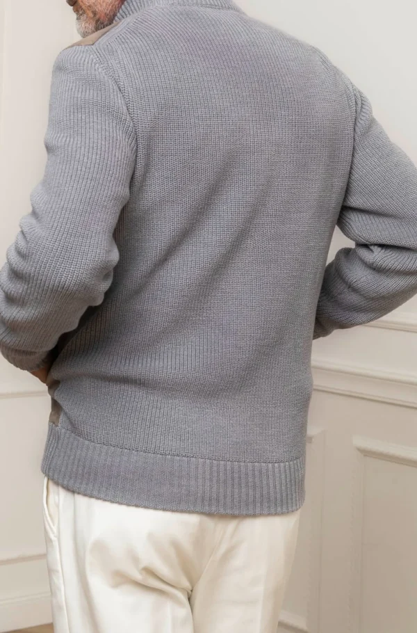 Grey and taupe cardigan - Alcantara & wool - Made in Italy