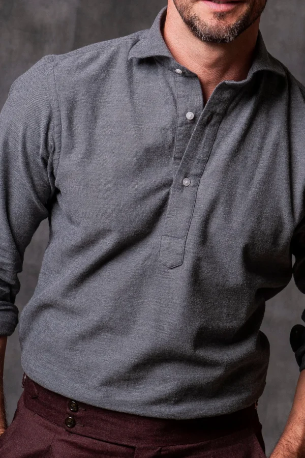 Grey Popover Shirt - Flannel Touch - Made in Italy