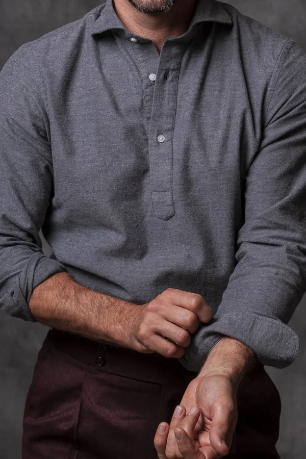 Grey Popover Shirt - Flannel Touch - Made in Italy