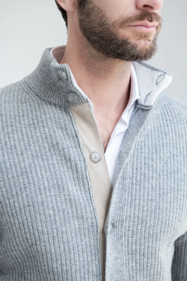 Grey ribbed cashmere blend cardigan – Made in Italy