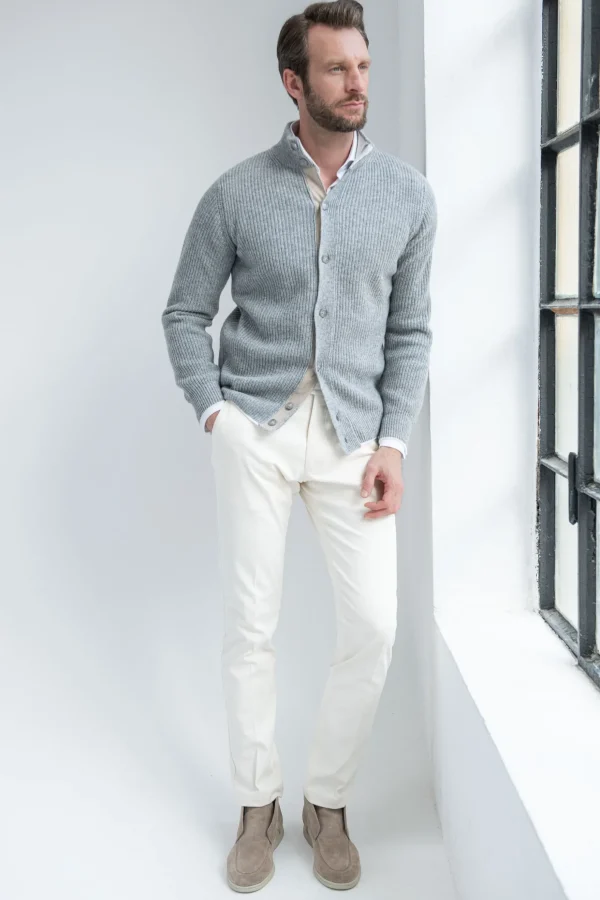 Grey ribbed cashmere blend cardigan – Made in Italy