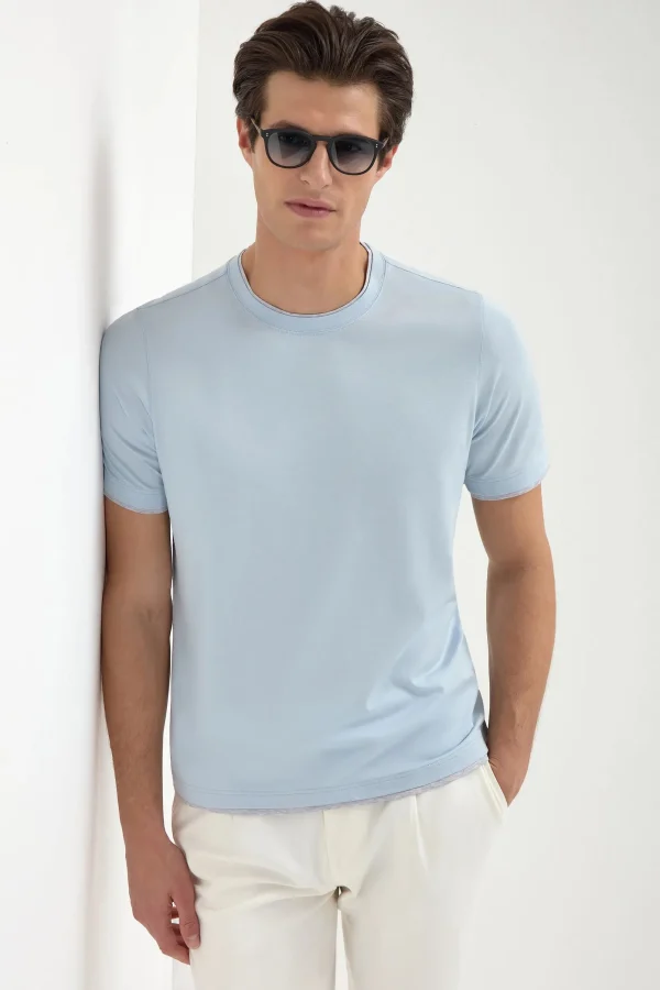 Light blue cotton t-shirt with collar detail - Made in Italy