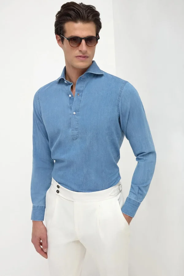 Light blue denim popover shirt - Made in Italy