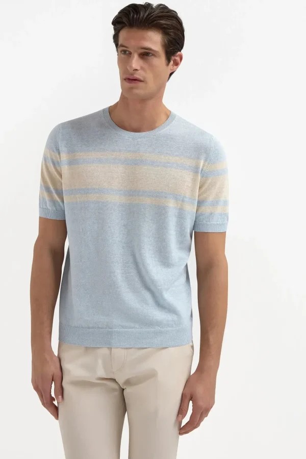 Light blue striped linen t-shirt - Made in Italy