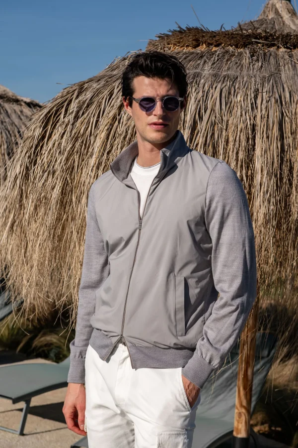 Light grey knit & nylon bomber jacket – Made in Italy