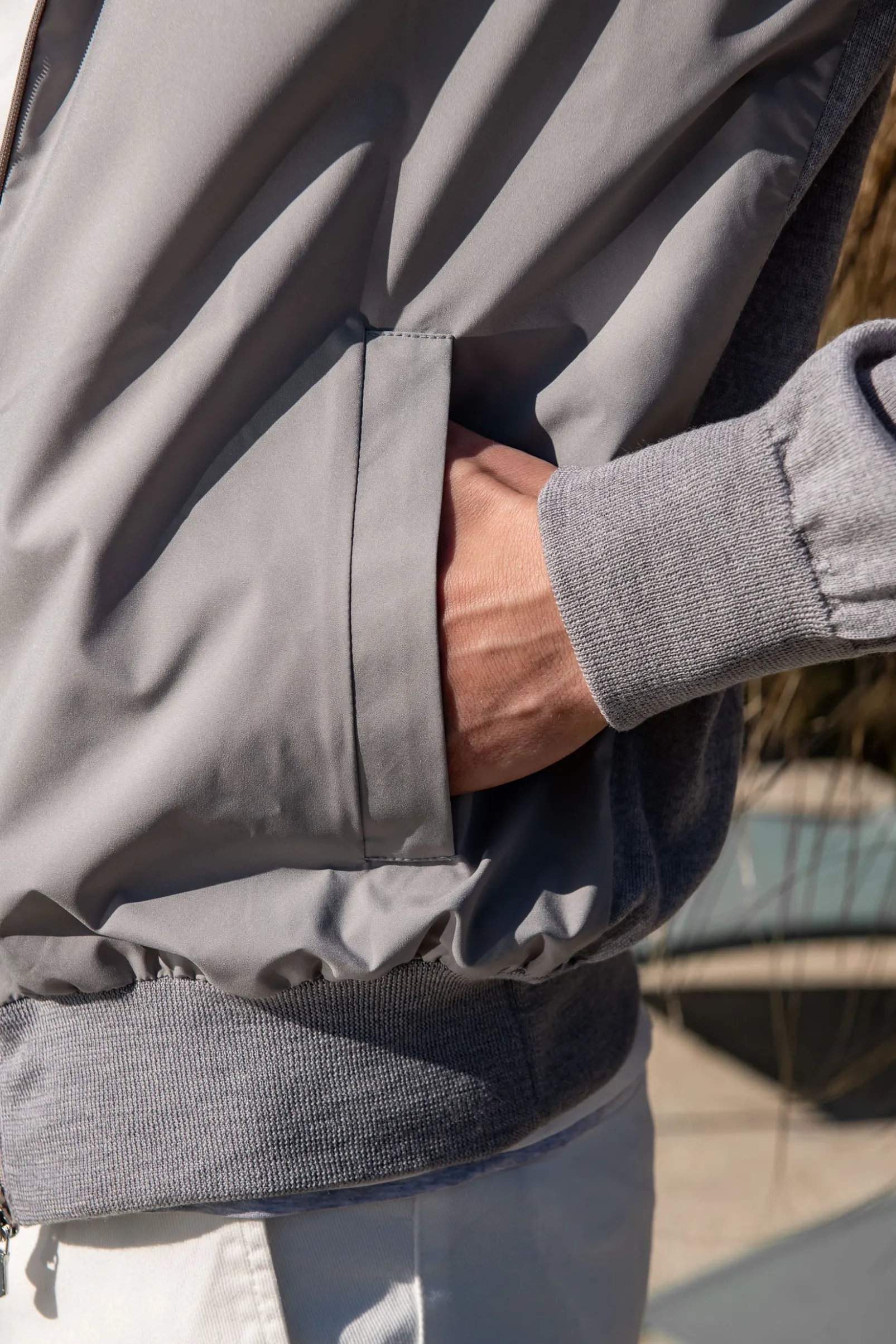 light_grey_knit__nylon_bo_2.webp Light grey knit & nylon bomber jacket – Made in Italy