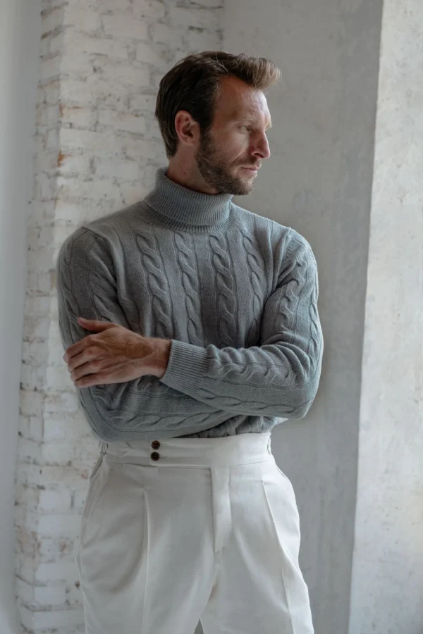 Mid grey cable knit turtleneck – Made in Italy