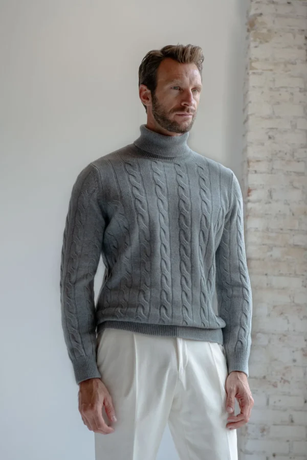 Mid grey cable knit turtleneck – Made in Italy