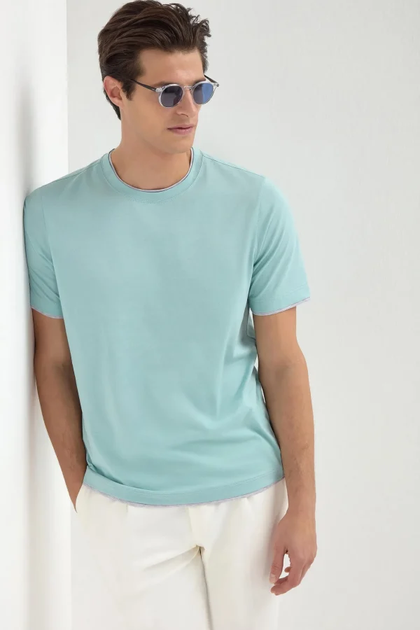 Mint cotton t-shirt with collar detail - Made in Italy