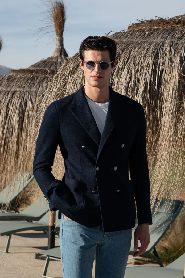 Navy double breasted jersey jacket - Made in Italy