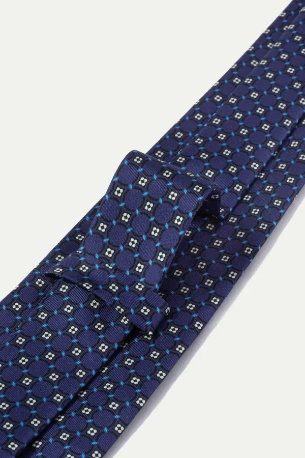 Navy fancy printed silk tie - Made In Italy